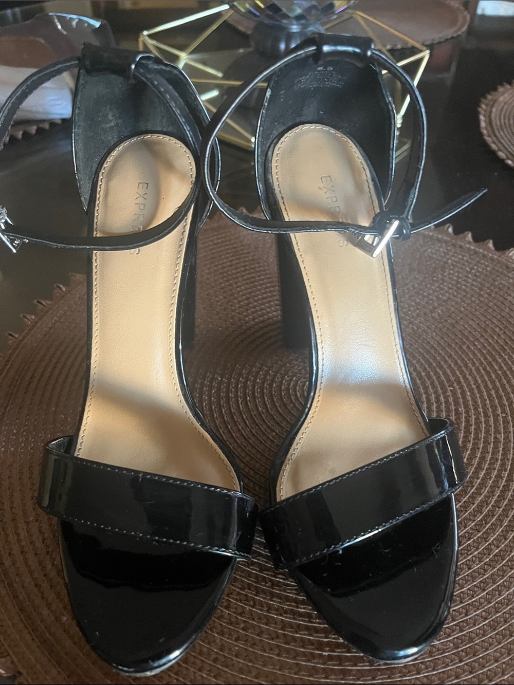 Express Black Patent Block Heel Sandals with Ankle Strap